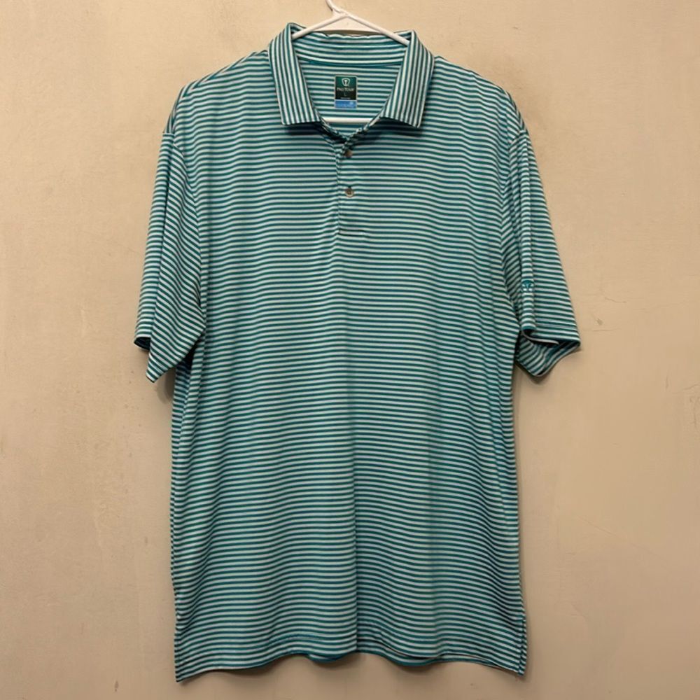 Pro Tour teal white striped short sleeve collared golf shirt Size L EUC